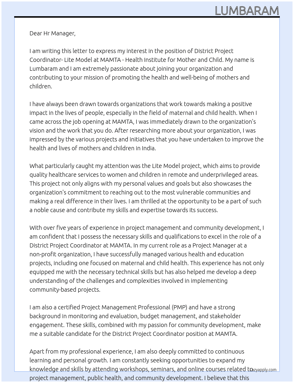District Project Coordinator- Lite Model At MAMTA - Health Institute for Mother and Child Cover Letter