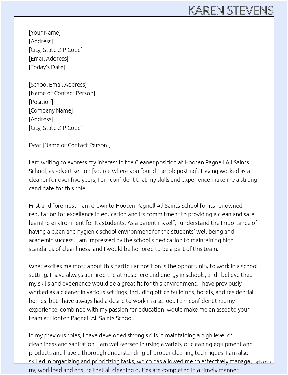 Cleaner At Hooten Pagnell All Saints School Cover Letter