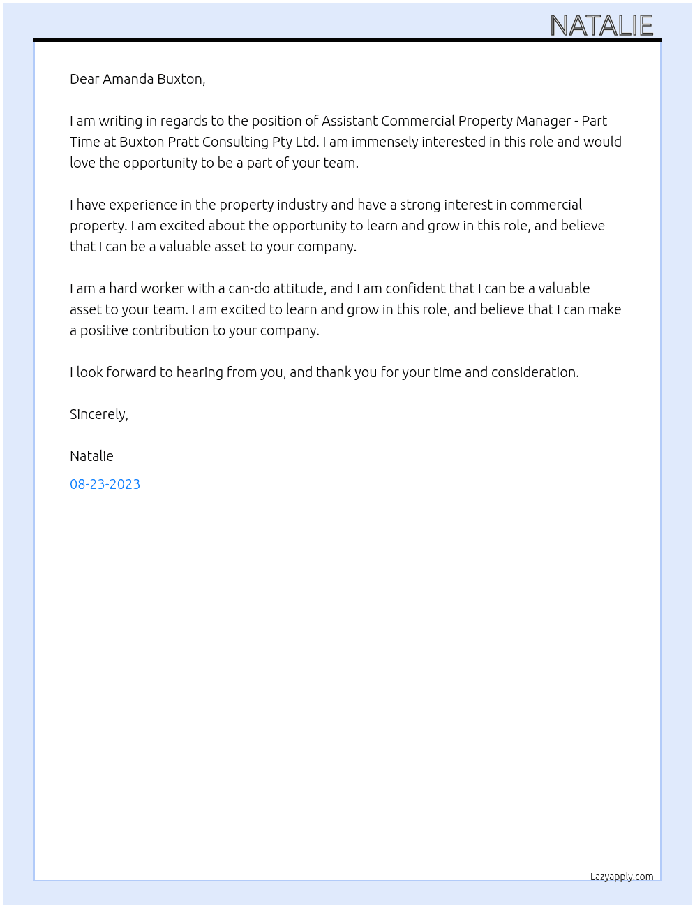 Assistant Commercial Property Manager - Part Time At Buxton Pratt Consulting Pty Ltd Cover Letter