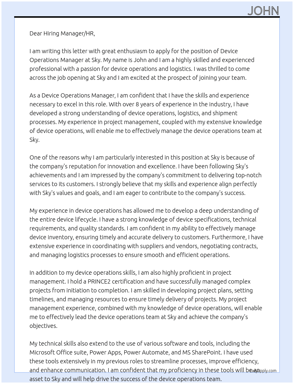 Device Operations Manager At Sky Cover Letter