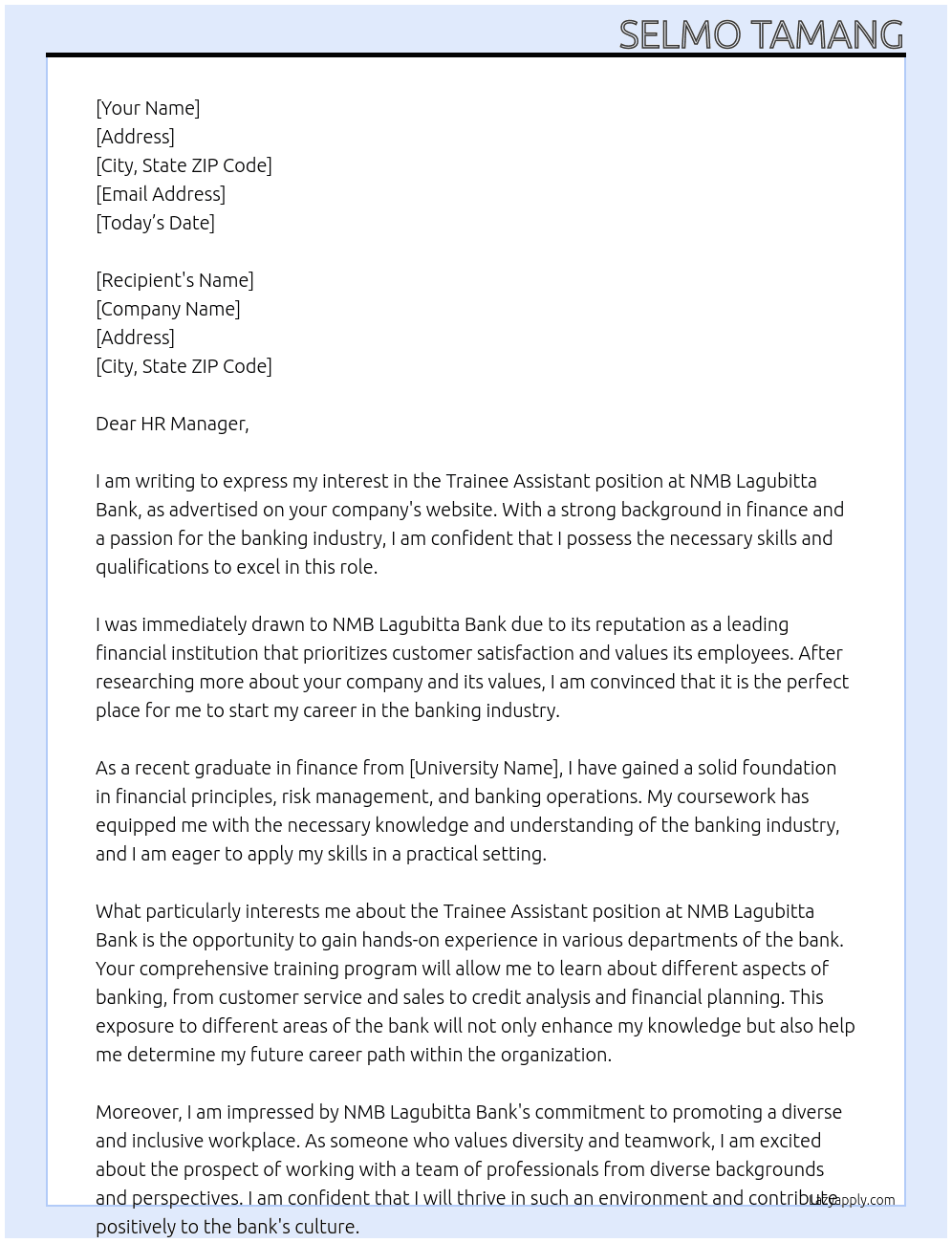 Trainee assistant  At NMB Lagubitta bank Cover Letter
