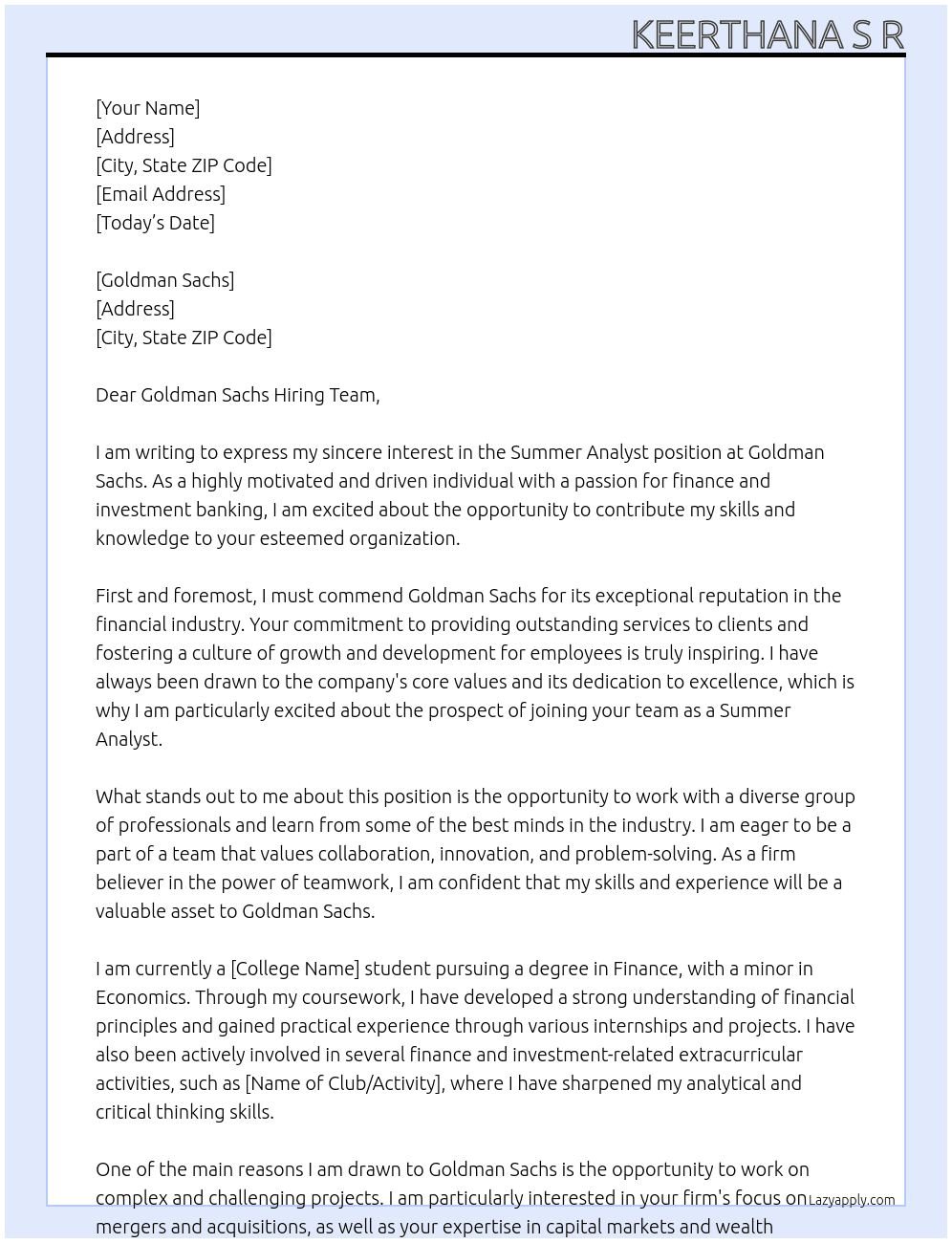 Summer analyst  At Keerthana S R Cover Letter