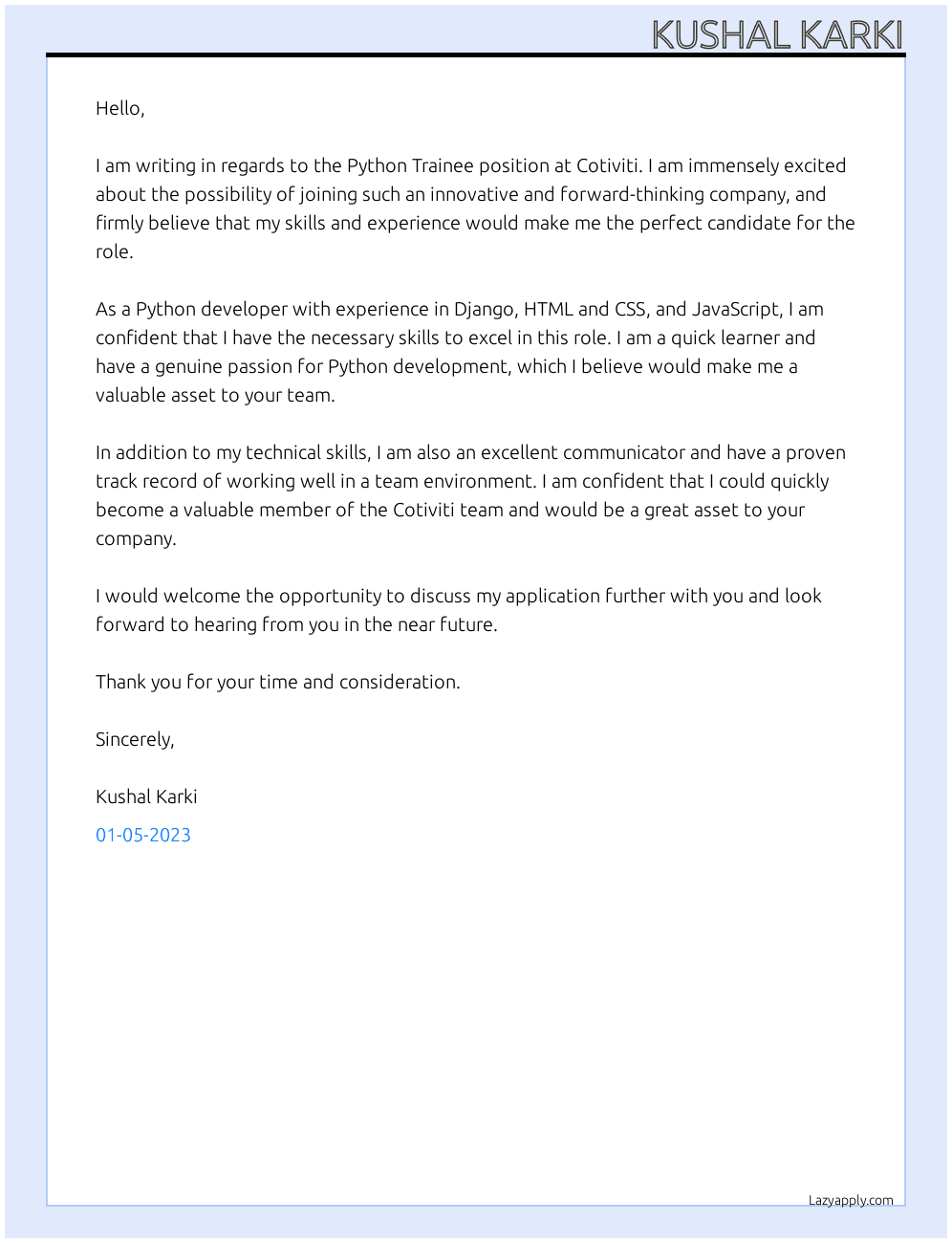Python trainee  At Cotiviti  Cover Letter