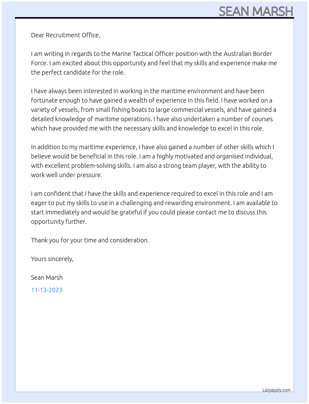 Marine Tactical Officer At Australian Border Force Cover Letter