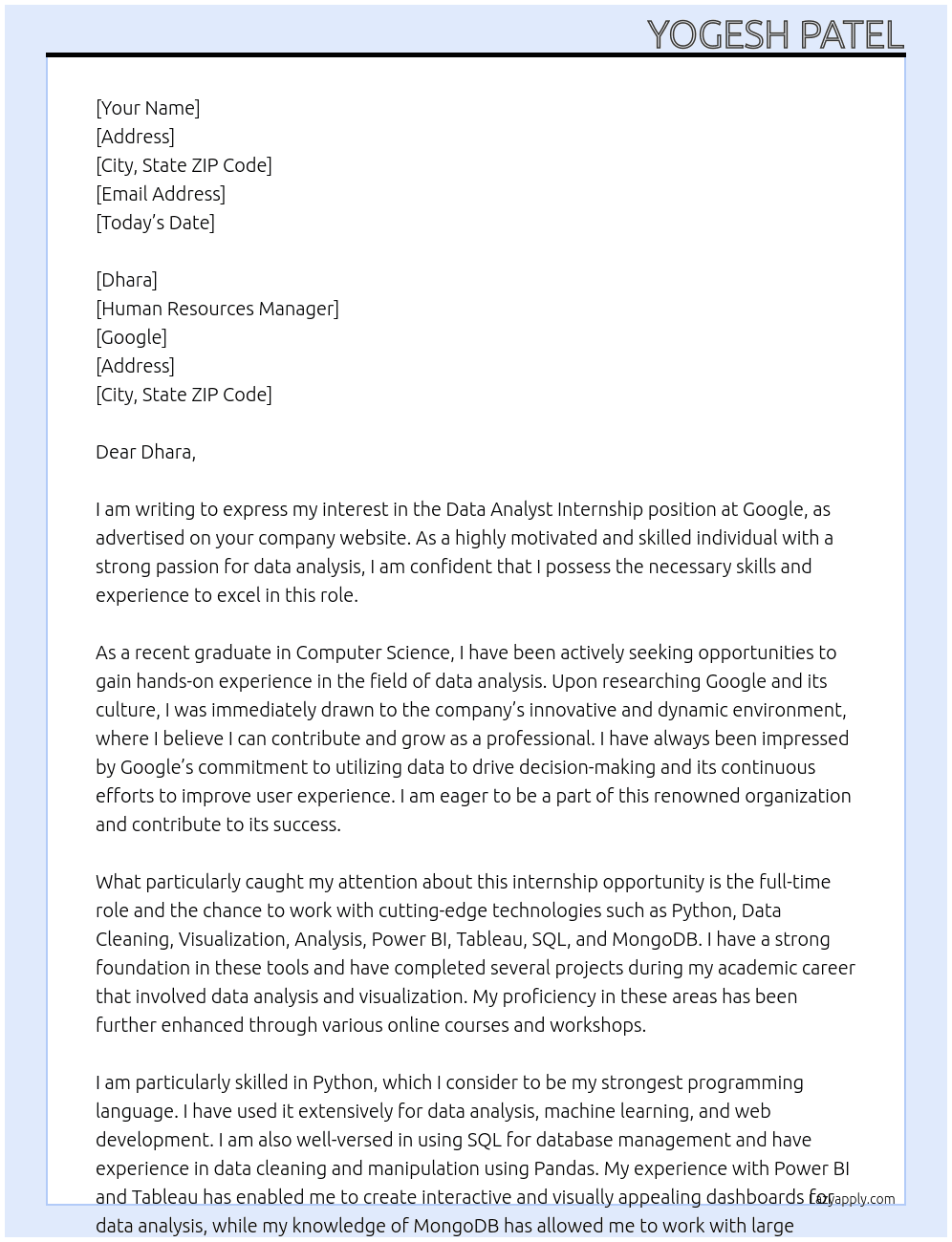 Data analyst internship  At Google  Cover Letter