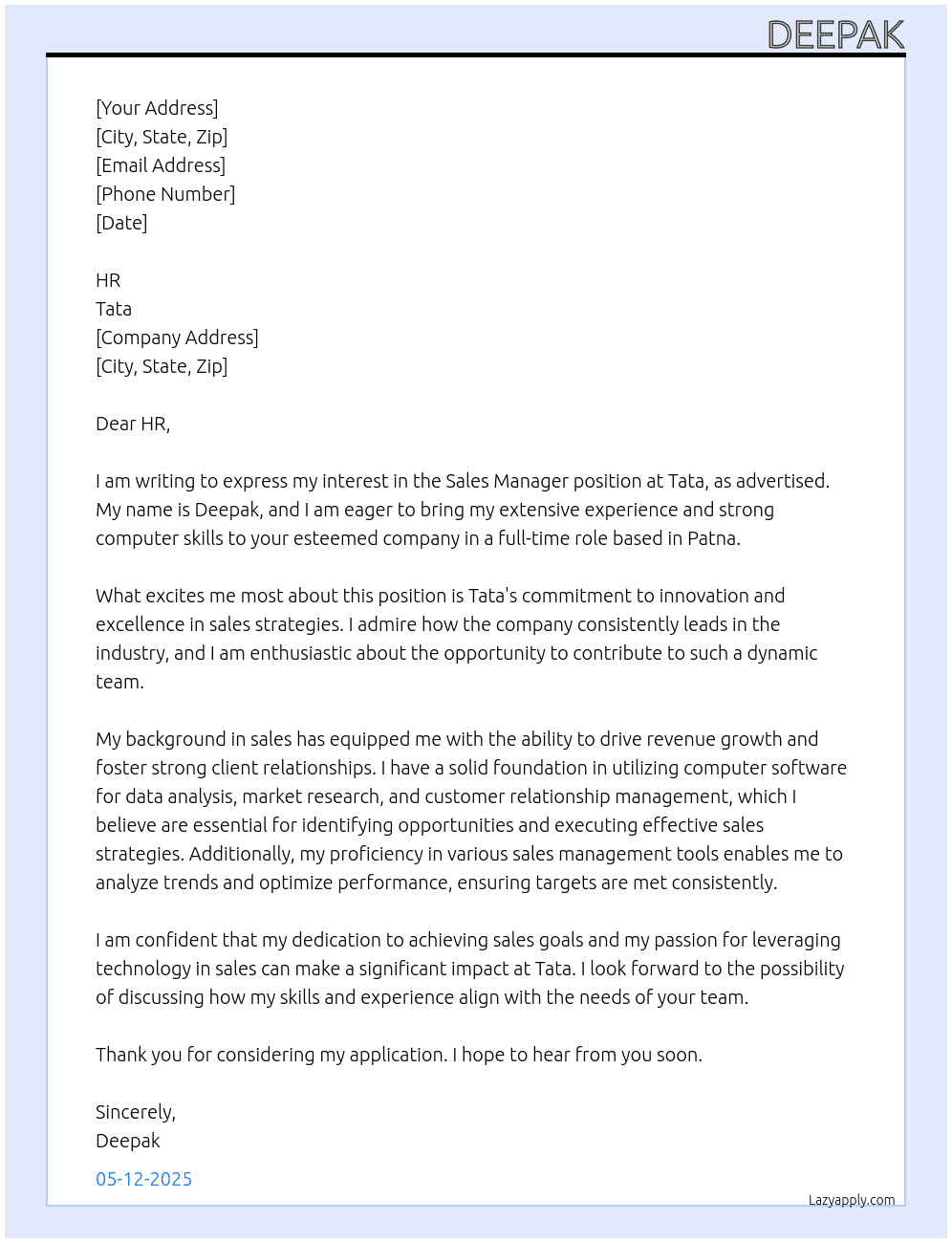 Cover letter for sell manager - LazyApply