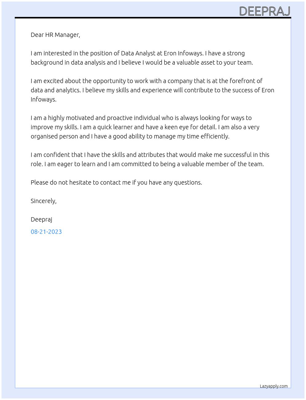 Data Analyst At Eron infoways Cover Letter
