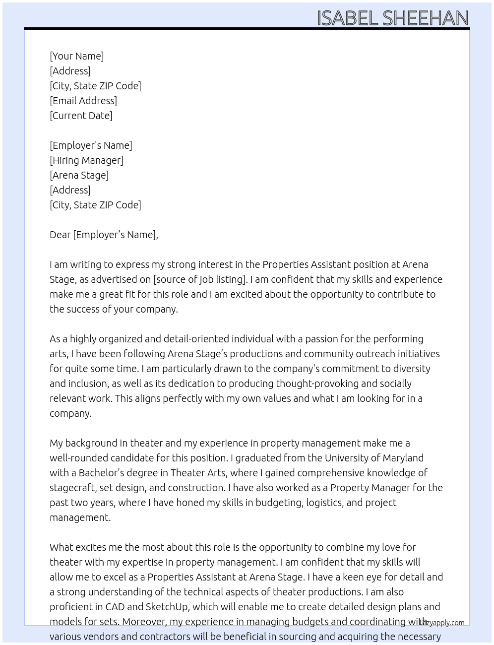 properties assistnat  At arena stage  Cover Letter