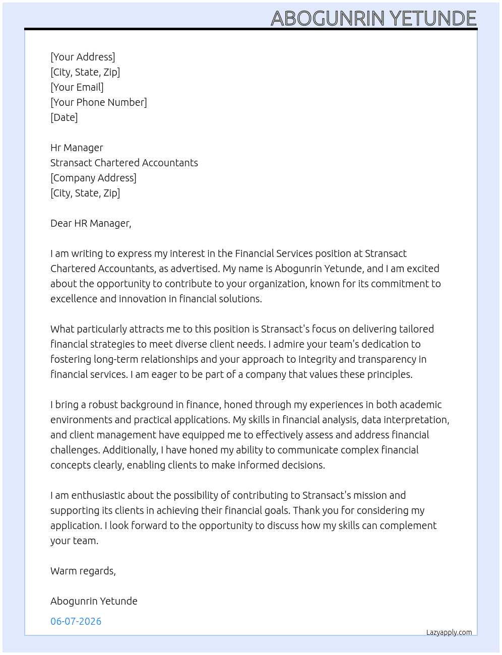 Financial services  At Stransact chattered Accountants Cover Letter