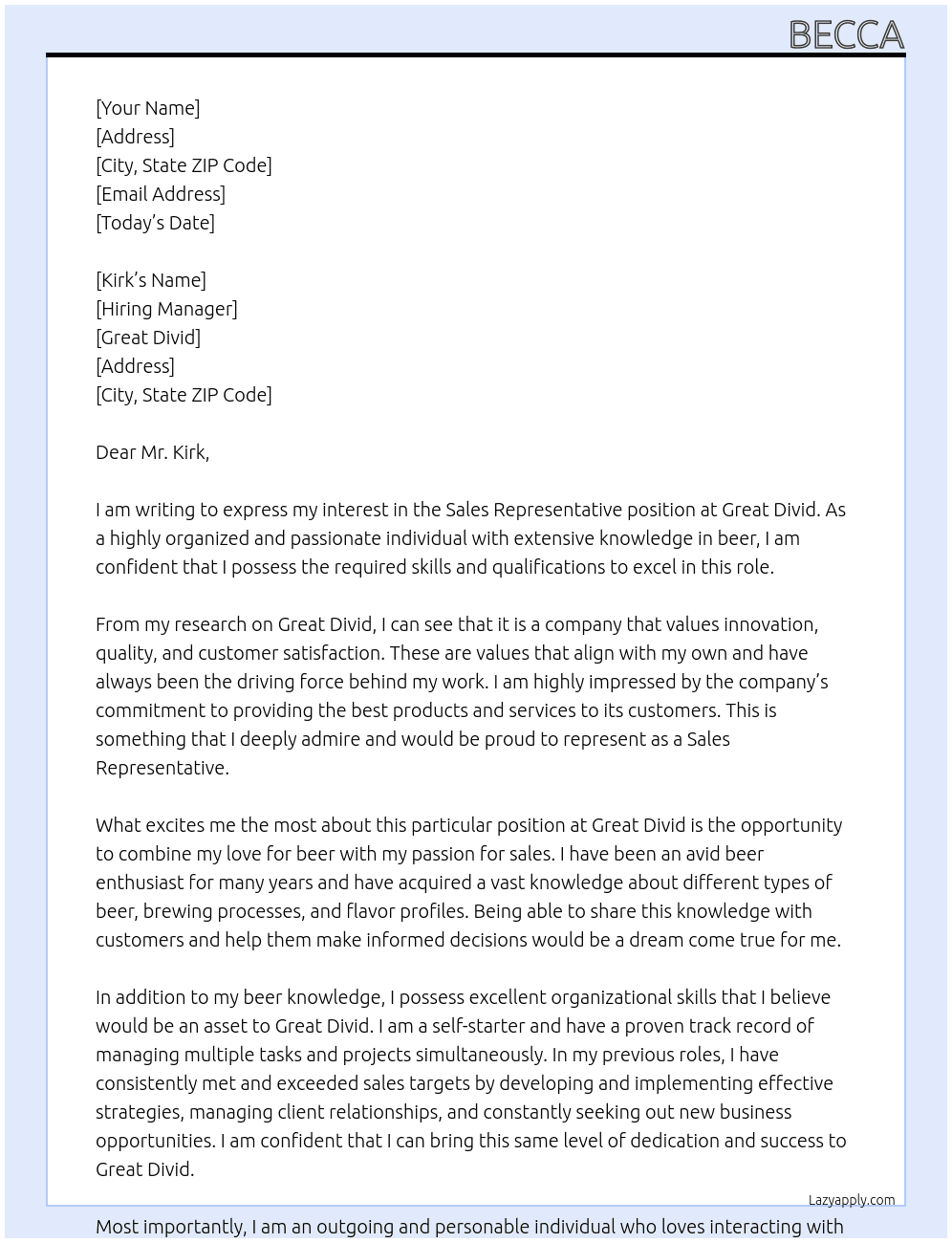 Sales Representative At great Divid Cover Letter