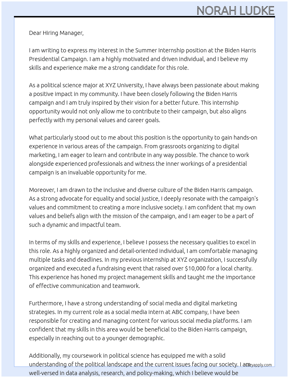 Summer Internship At Biden Harris Presidential Campaign Cover Letter