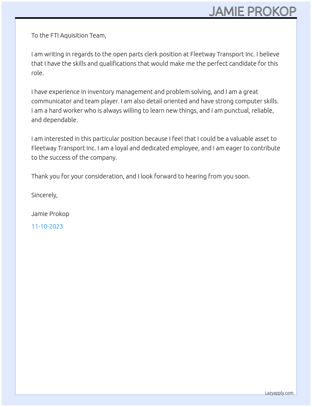 Parts Clerk At Fleetway Transport Inc Cover Letter
