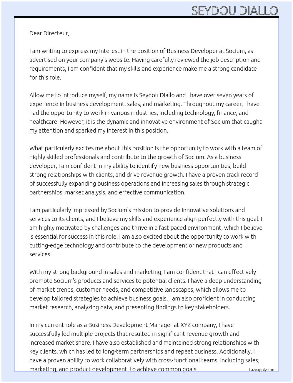 Business Developer  At Socium Cover Letter