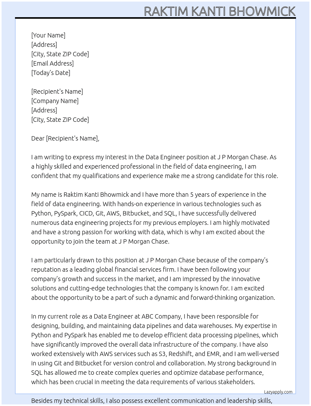 Data Engineer At J P Morgan Chase Cover Letter