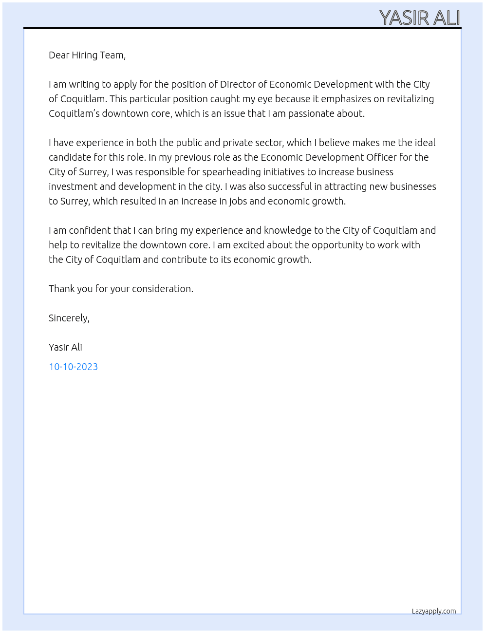 Director Economic Development At City of Coquitlam Cover Letter
