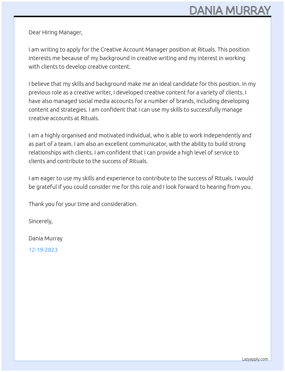 Creative Account Manager At Rituals Cover Letter