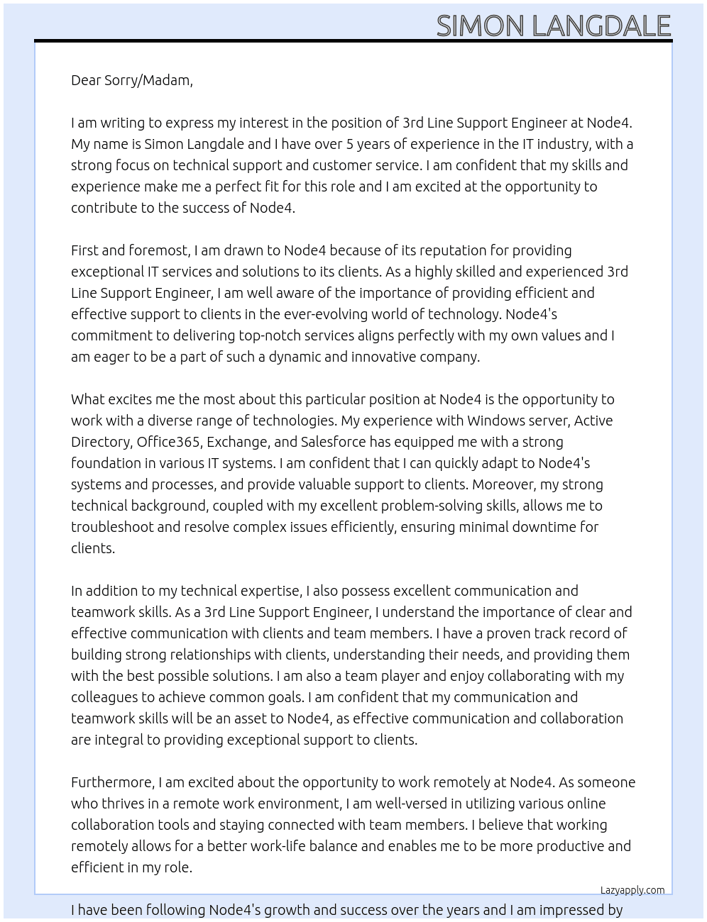3rd Line Support Engineer At Node4 Cover Letter