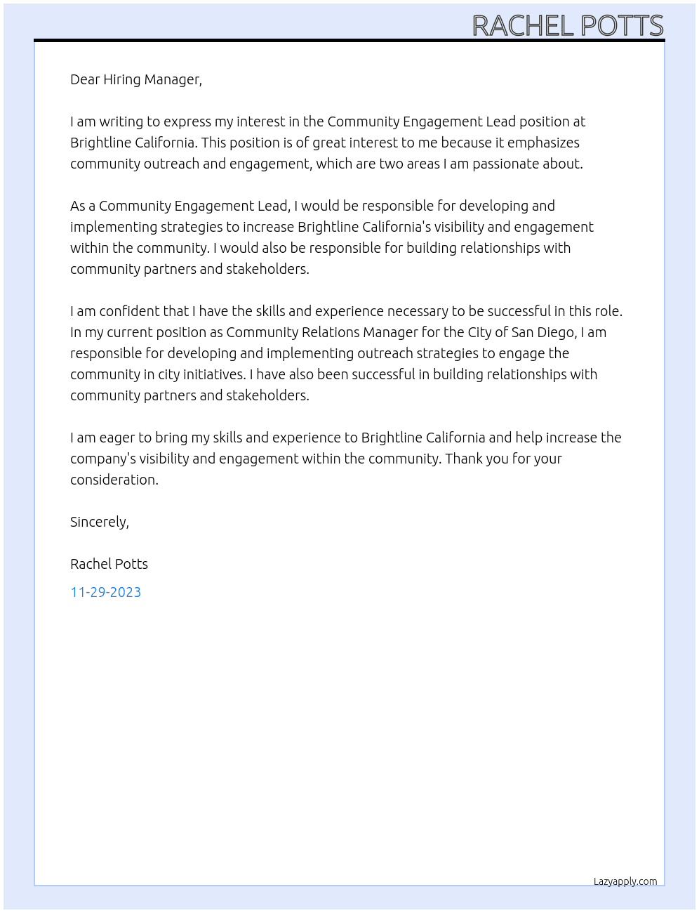 Community Engagement Lead At Brightline California Cover Letter