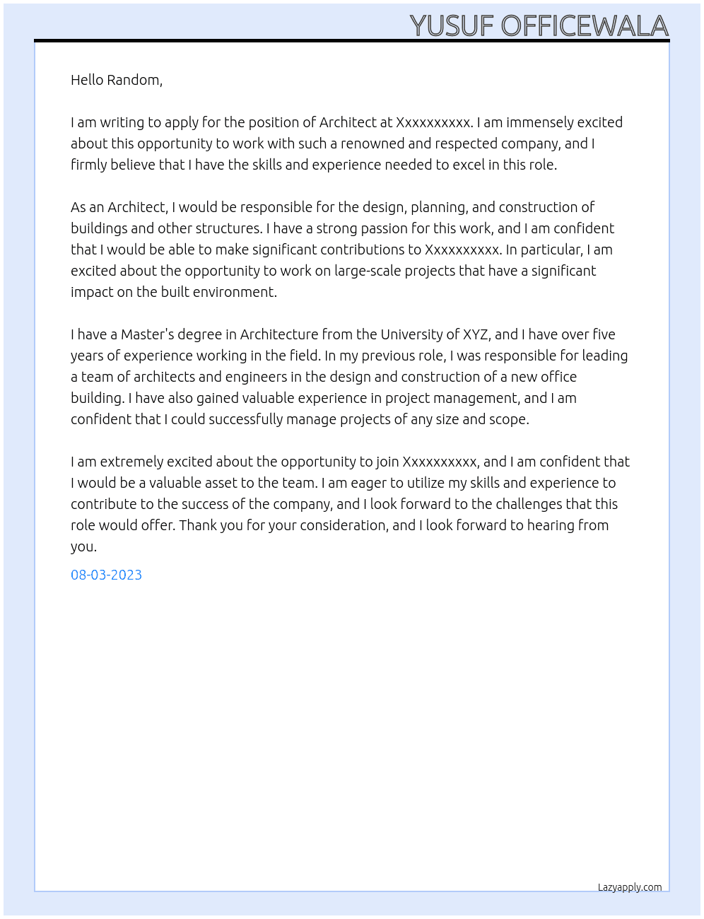 Architect At Xxxxxxxxxx Cover Letter