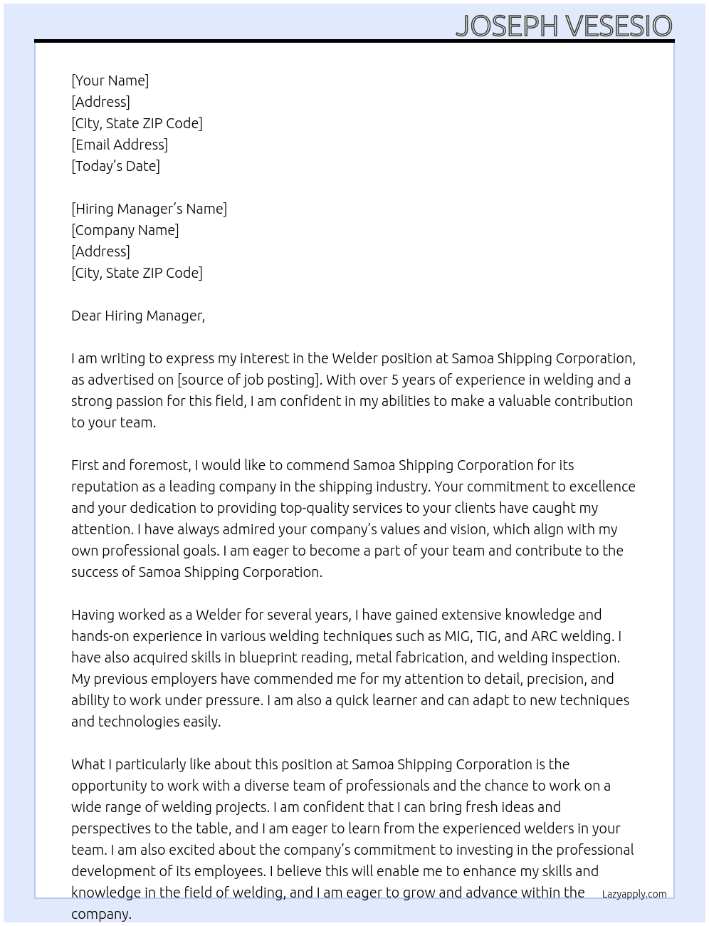 Welder At Samoa Shipping Corporation  Cover Letter