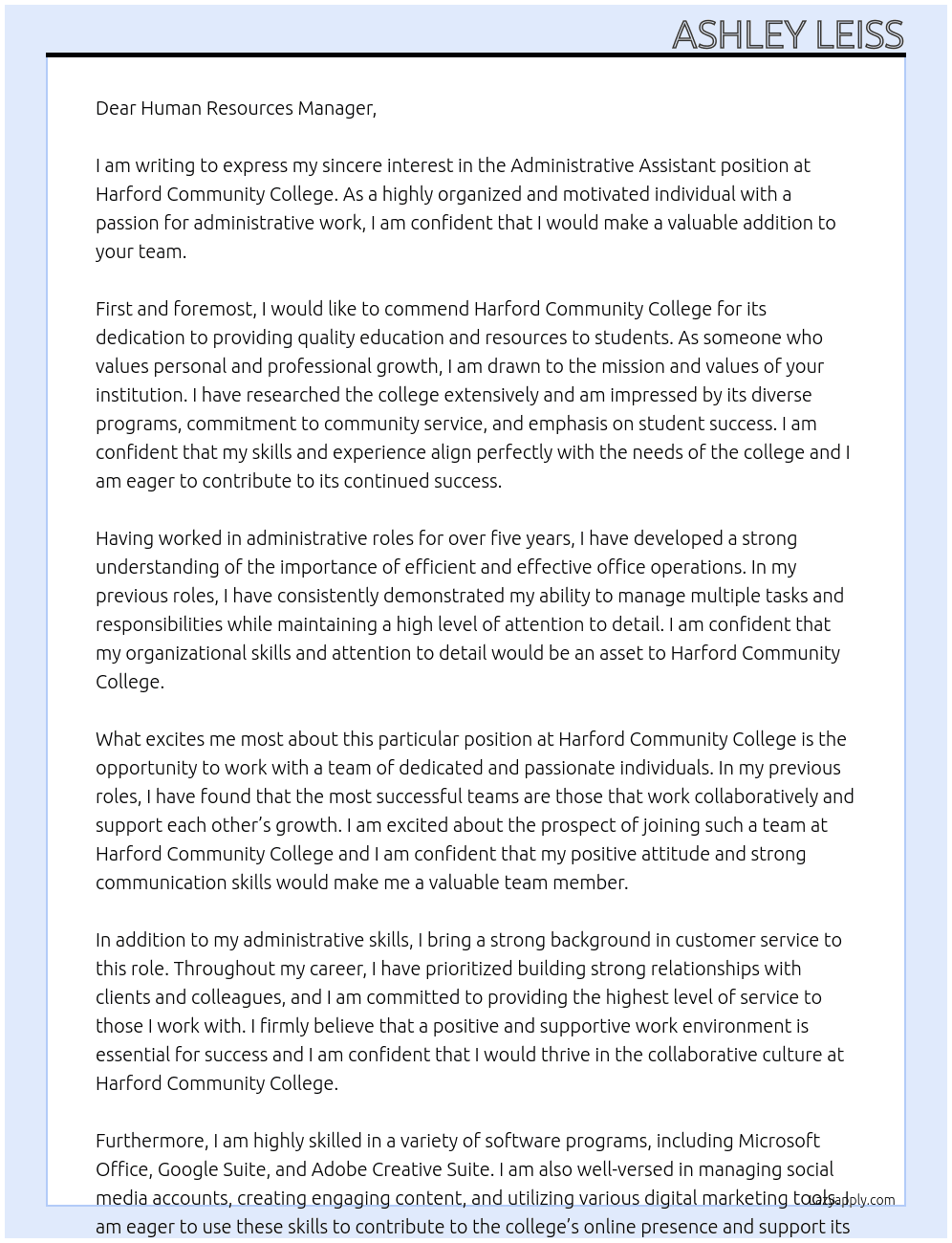 Administrative Assistant At Harford Community College Cover Letter