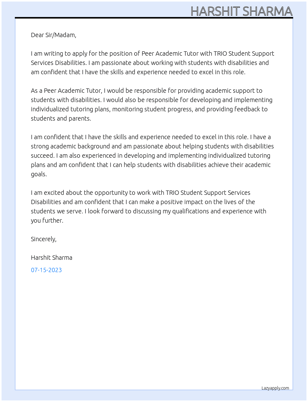 Peer Academic Tutor  At TRIO Student Support Services Disabilities Cover Letter