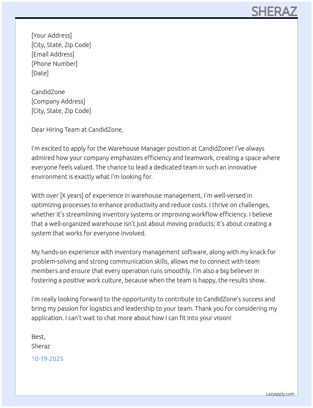 Cover letter for warehouse manager - LazyApply