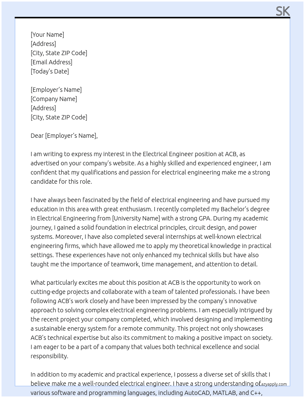 Electrical Engineer At ACB Cover Letter