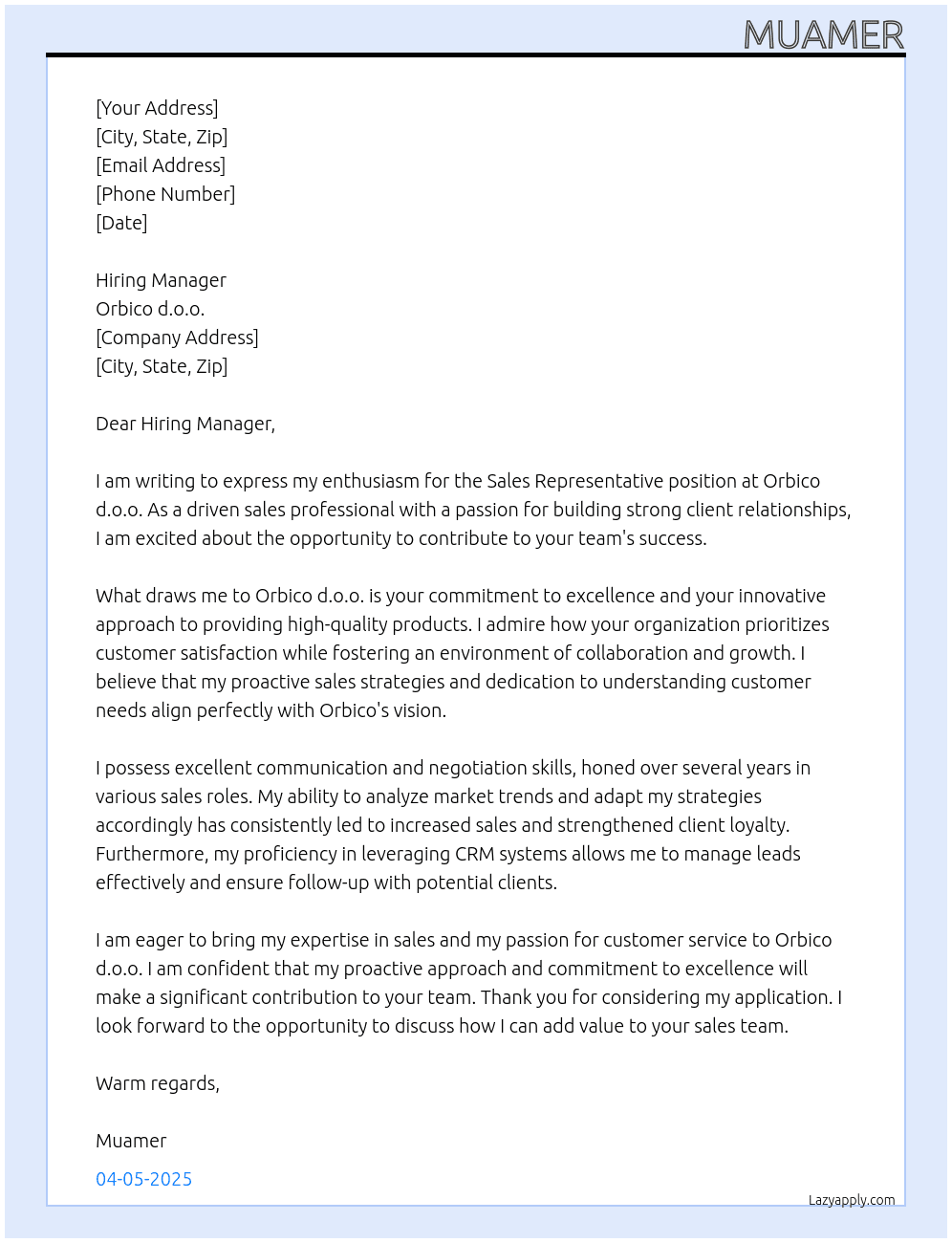 sales representativ At Orbico d.o.o. Cover Letter