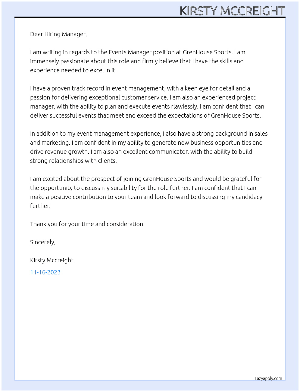 Events Manager At GrenHouse Sports Cover Letter