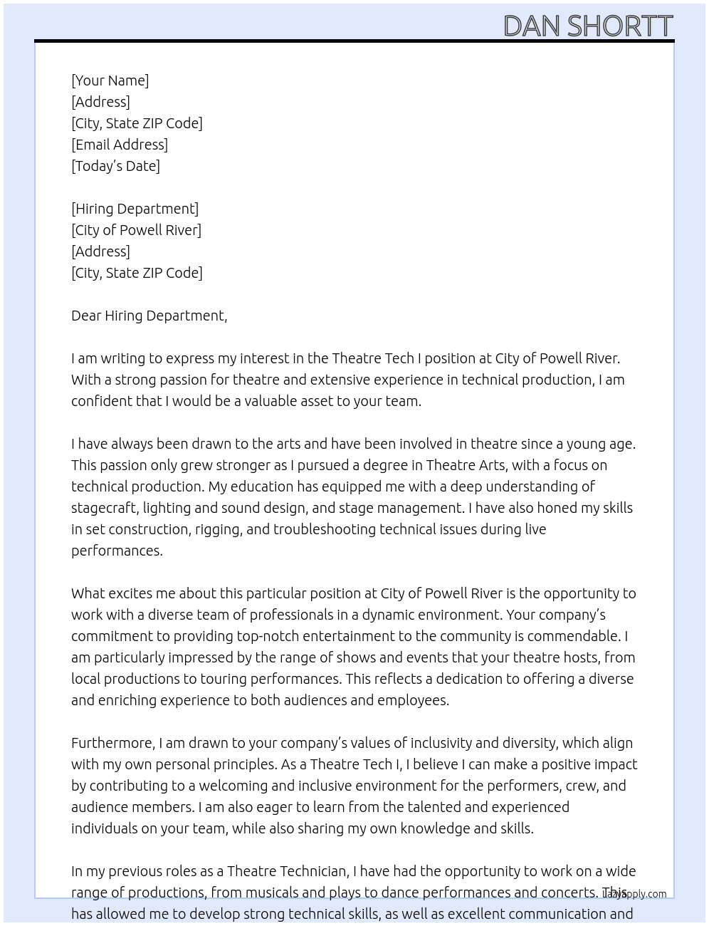 Theatre Tech I At City of Powell River Cover Letter