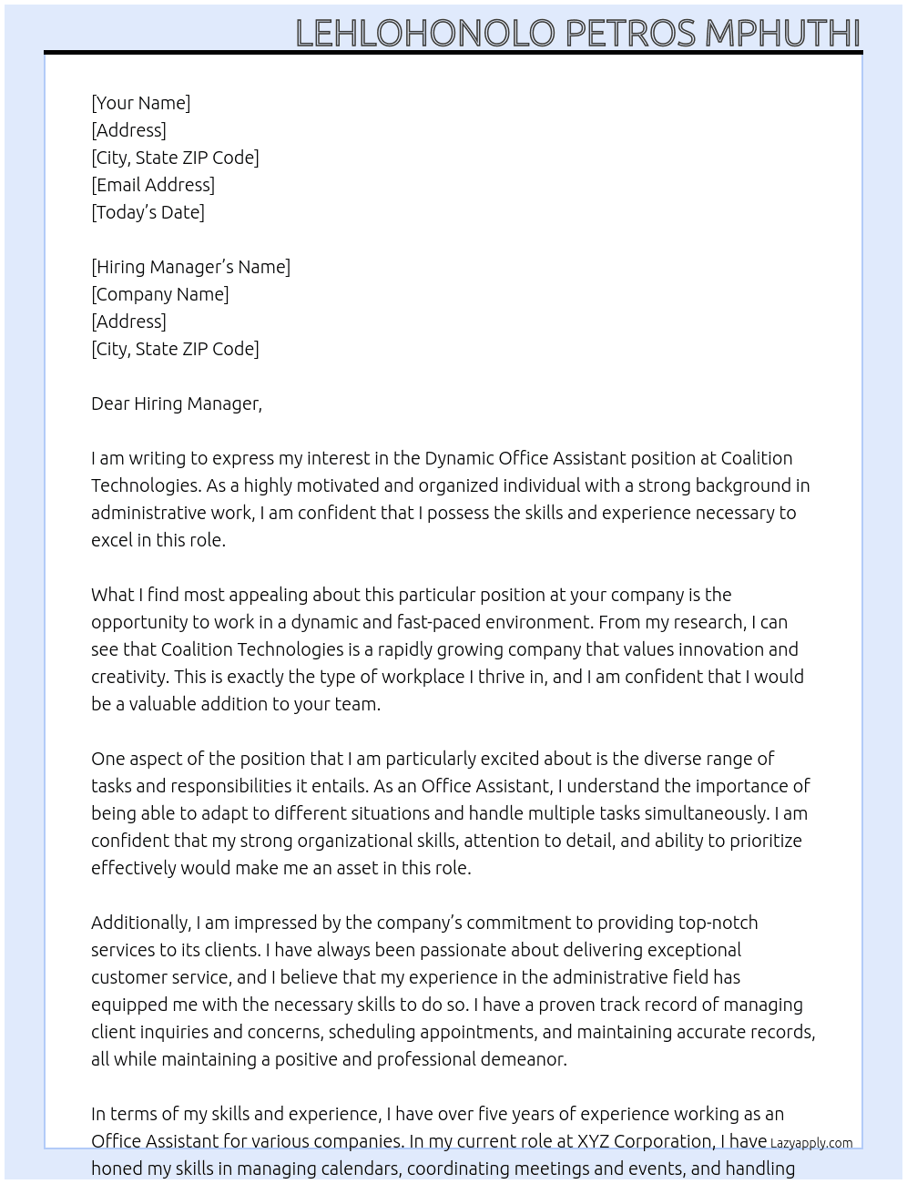 Dynamic Office Assistant At Coalition Technologies  Cover Letter