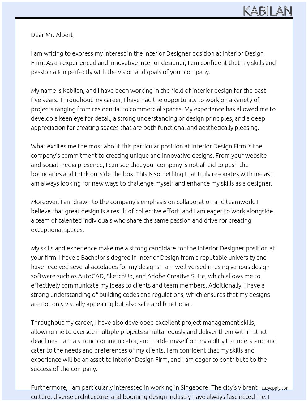 Interior Designer  At Interior Design Firm  Cover Letter