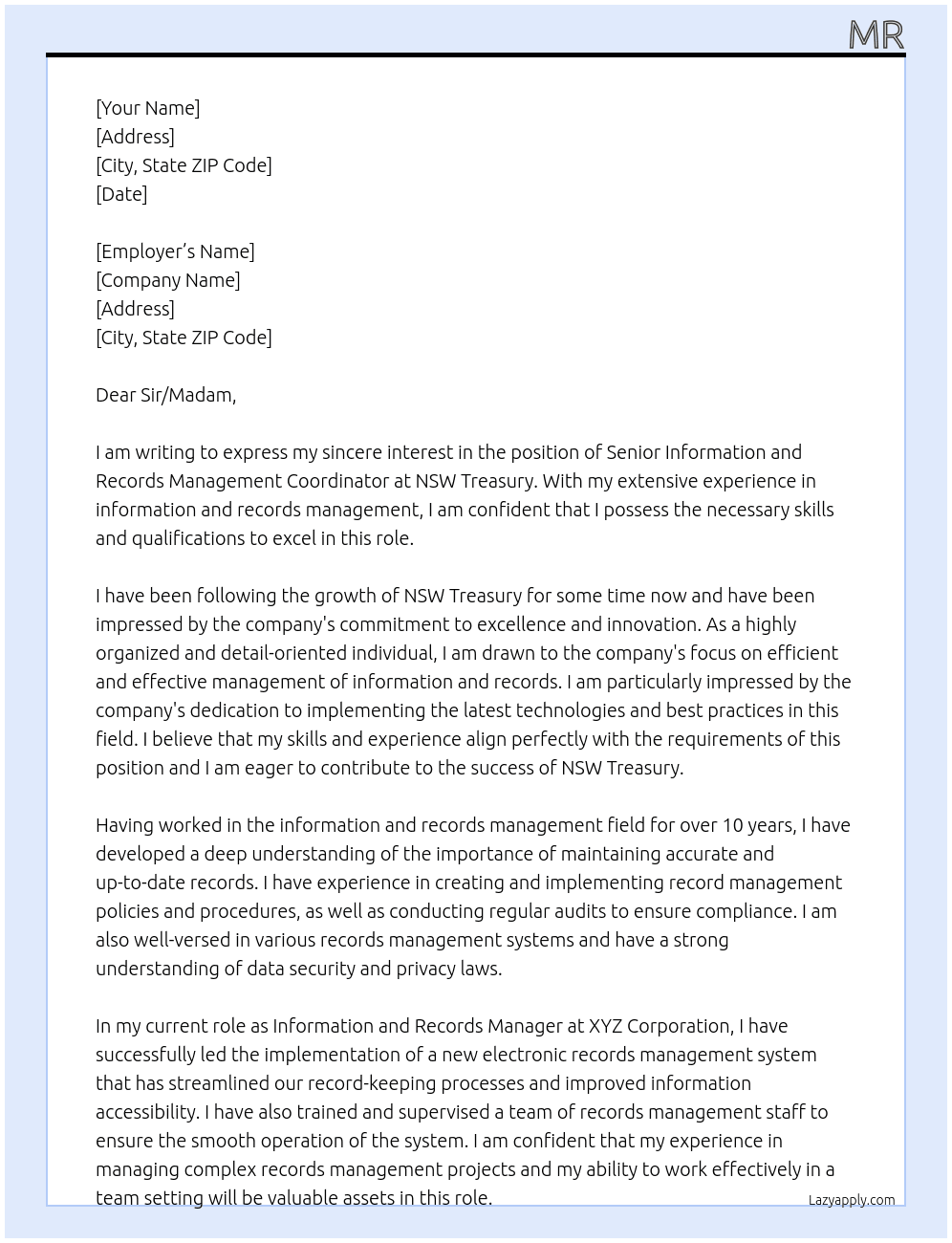 Senior Information and Records Management Coordinator At NSW Treasury Cover Letter