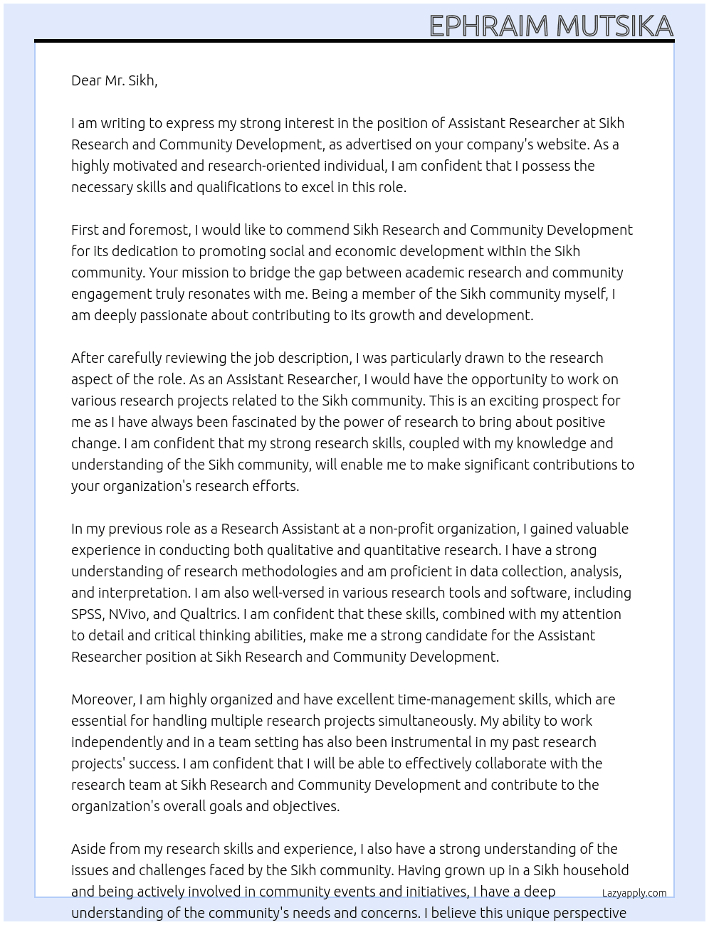 Assistant researcher At Sikh research and community development Cover Letter