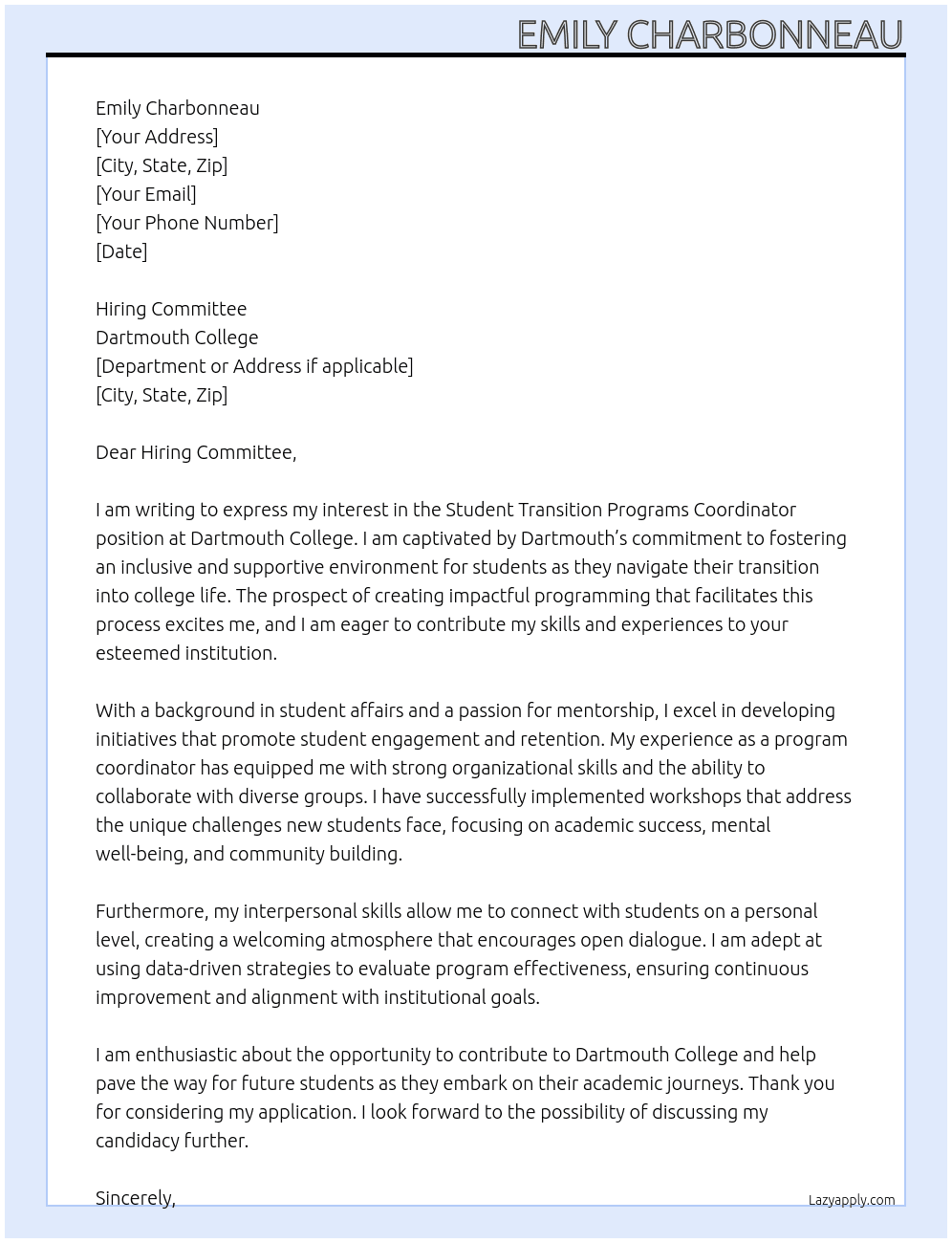 Student Transition Programs Coordinator At Dartmouth College Cover Letter
