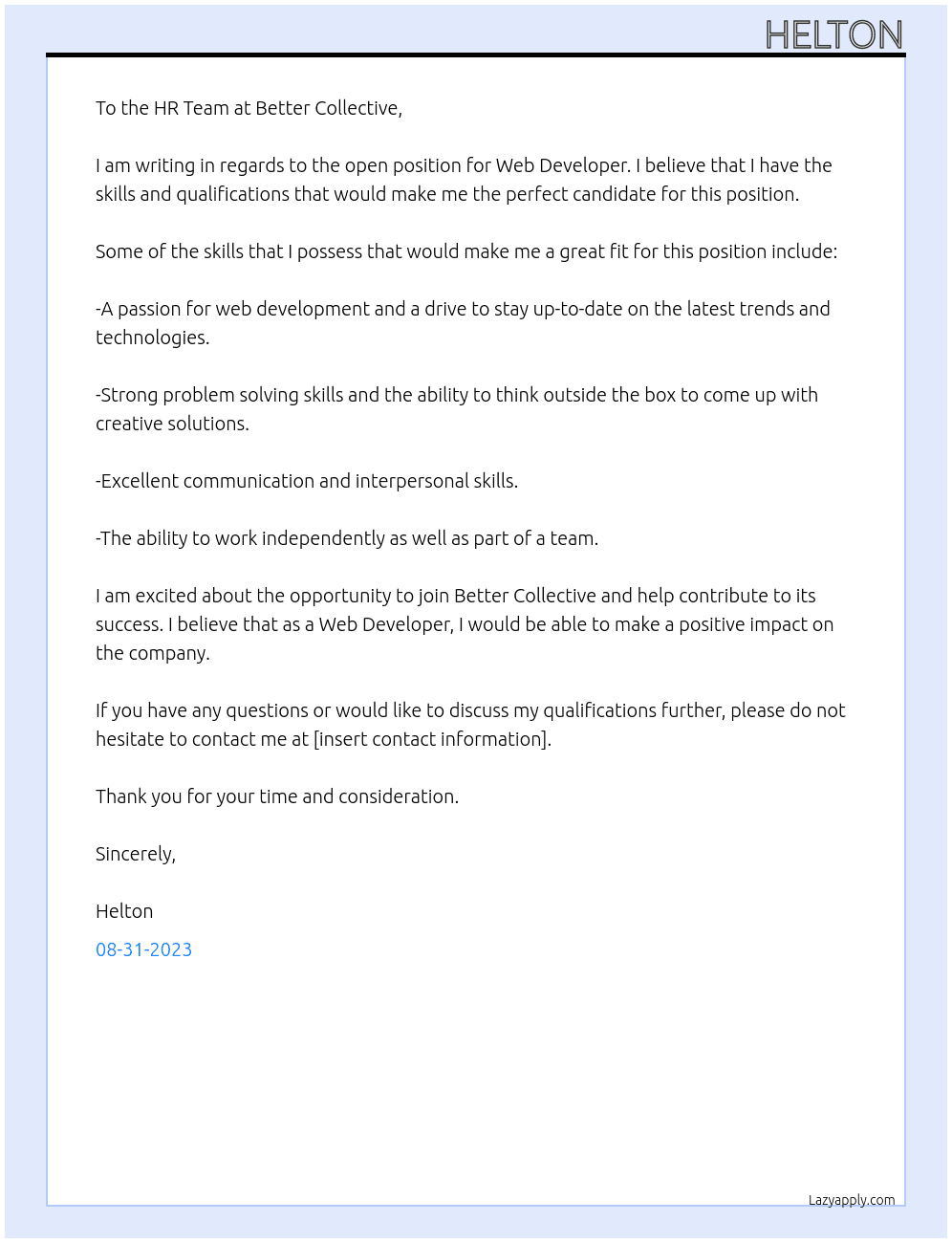 Web Developer At Better Collective Cover Letter