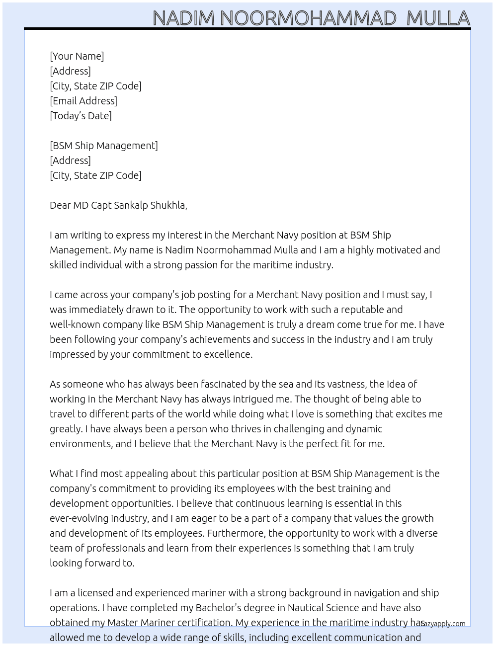 Merchant navy  At BSM ship Management  Cover Letter