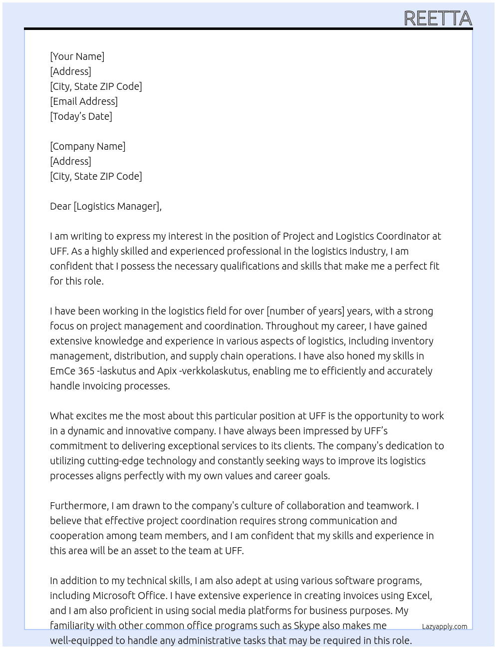 project and logistics cordinator At UFF Cover Letter