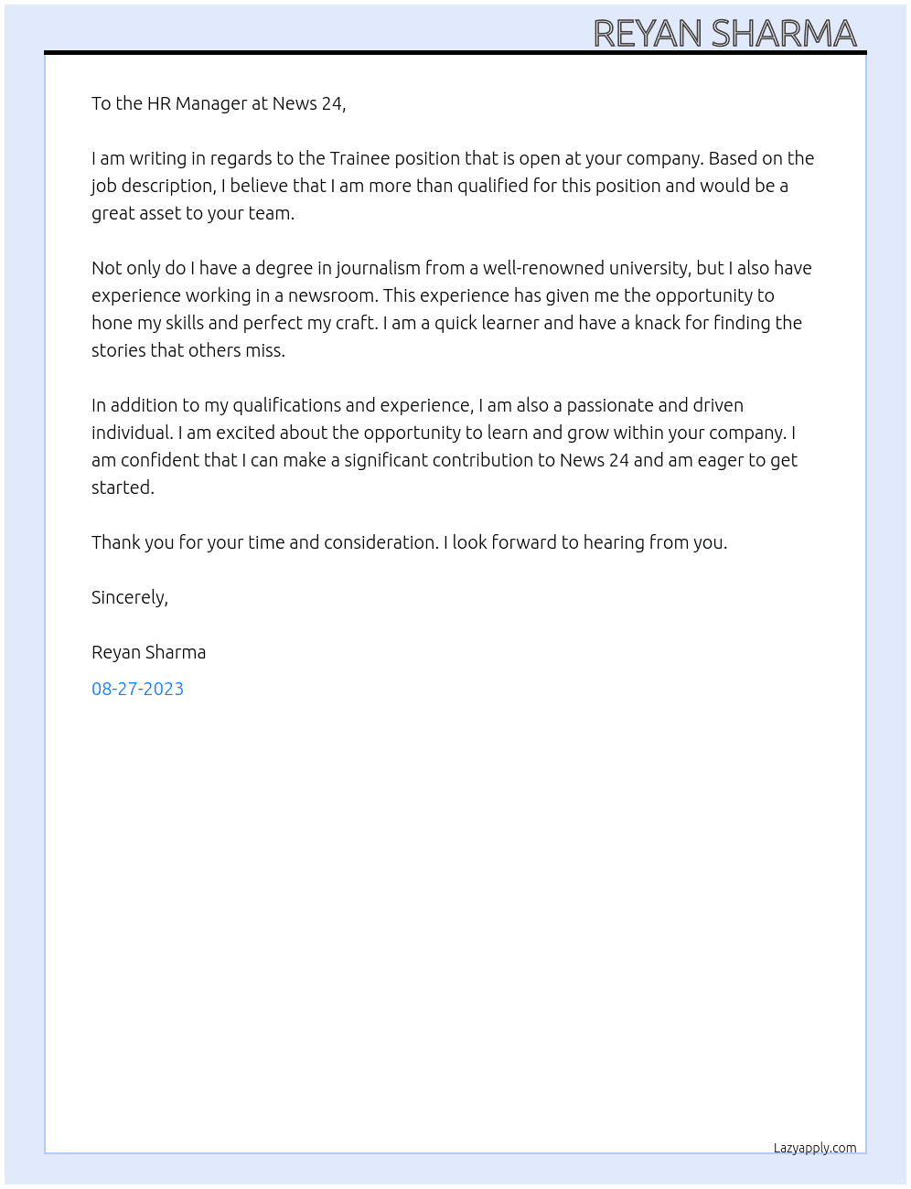 Trainee  At News 24 Cover Letter