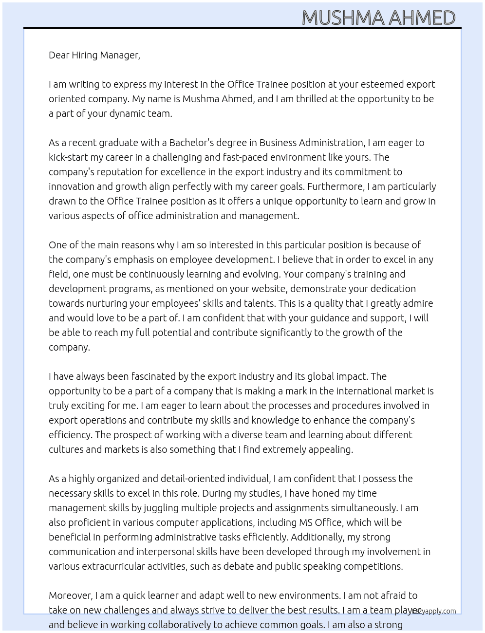 Office trainee At Export oriented company  Cover Letter
