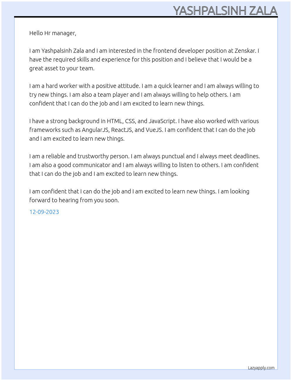 frontend developer At Zenskar Cover Letter