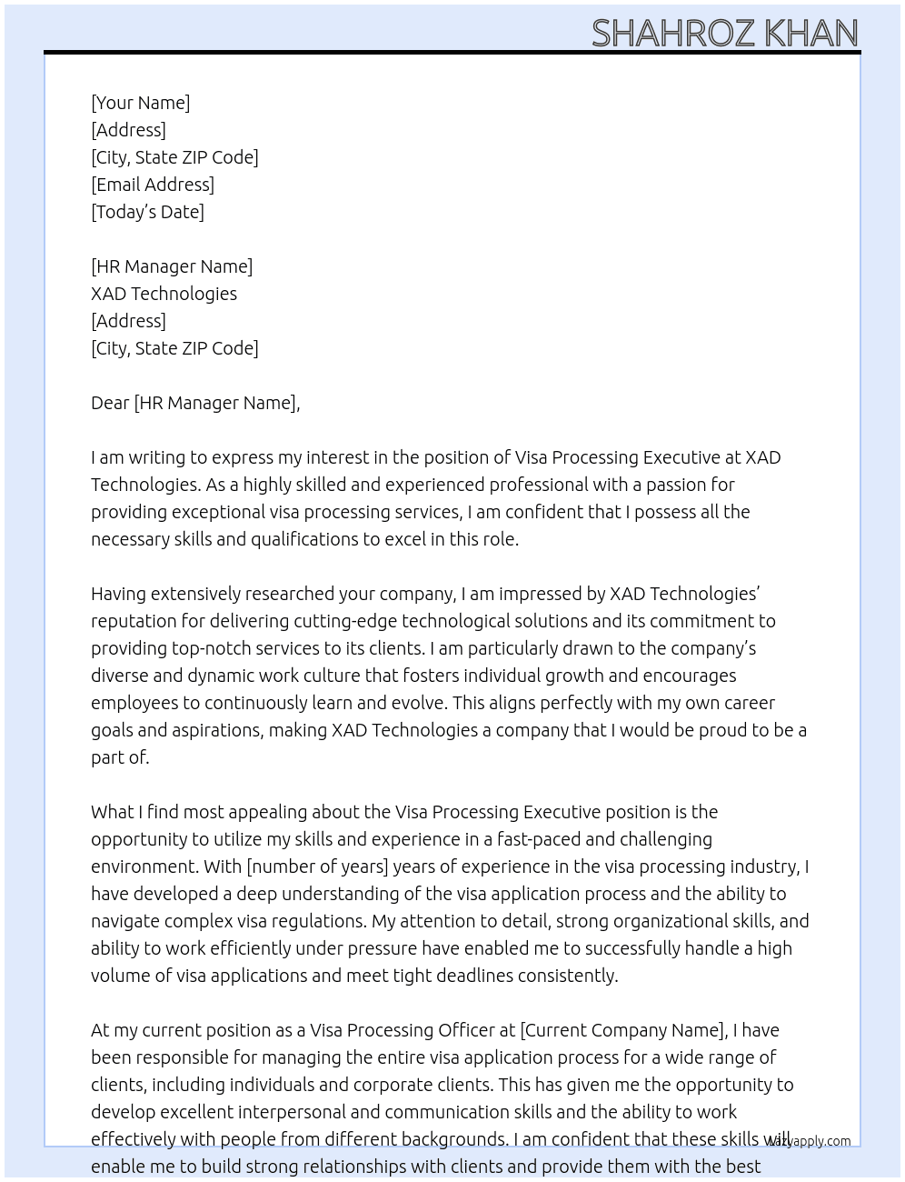 Visa processing executive At XAD technologies Cover Letter
