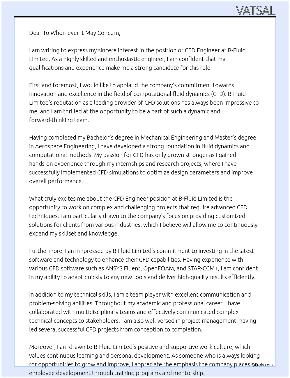 CFD Engineer At B-Fluid Limited Cover Letter