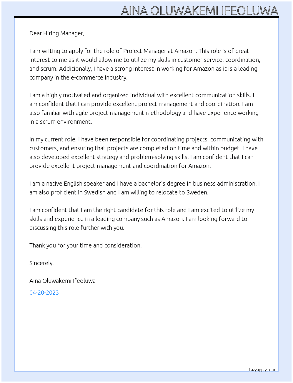 Project Management At Amazon Cover Letter