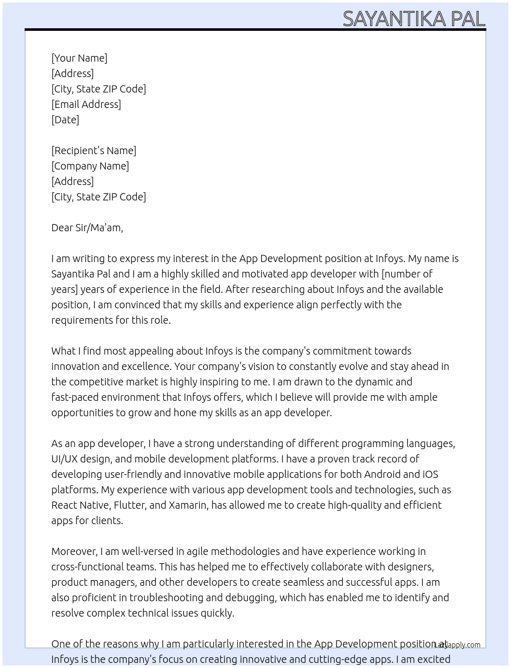 App development At Infoys Cover Letter