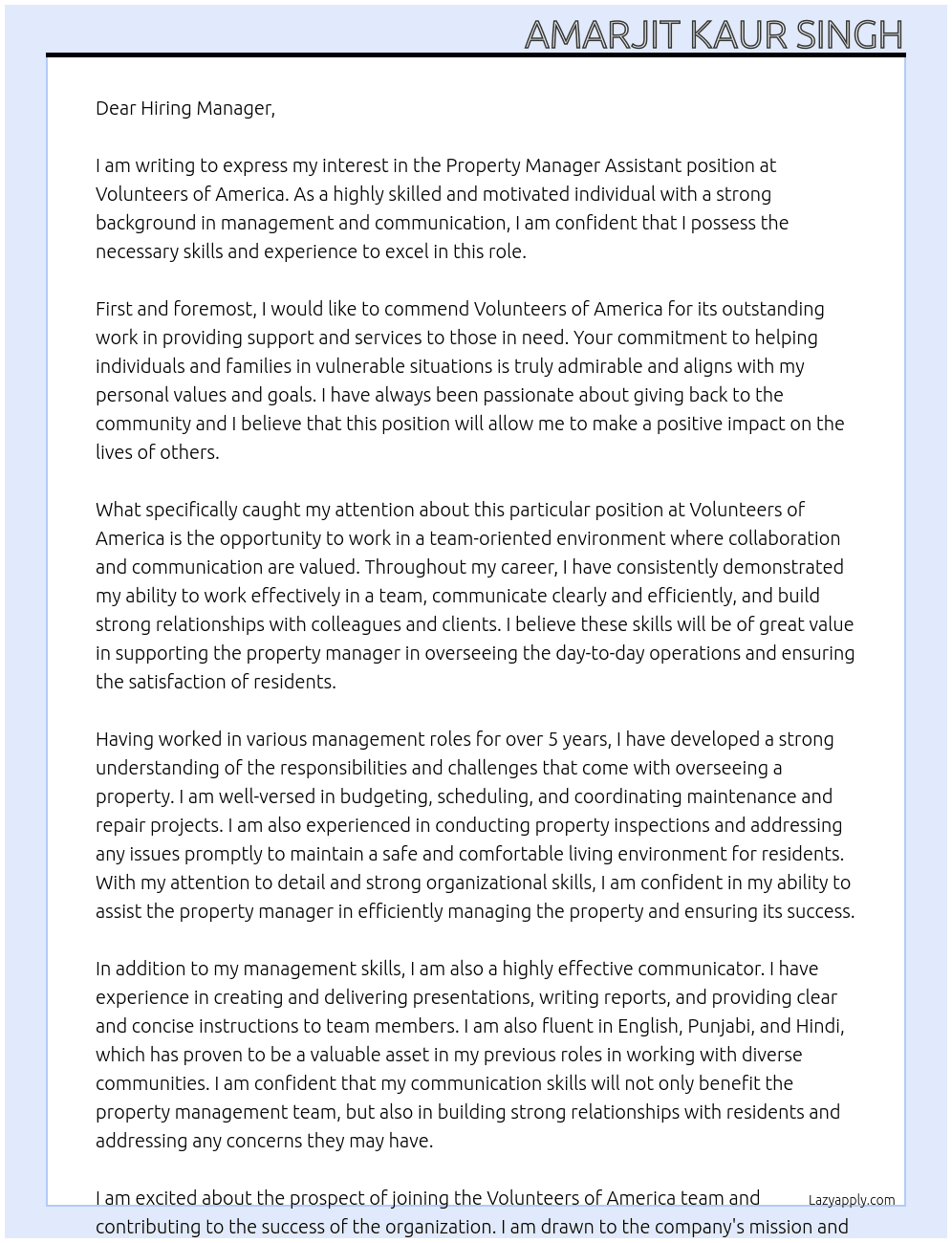 property manager assistant At Volunteers of america  Cover Letter