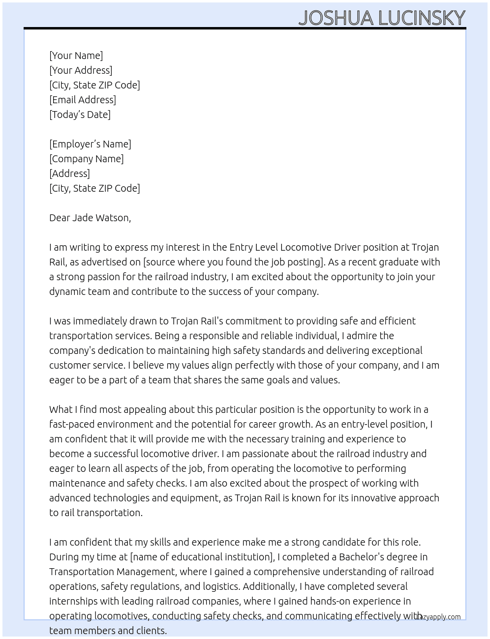 Entry level locomotive driver At Trojan rail Cover Letter