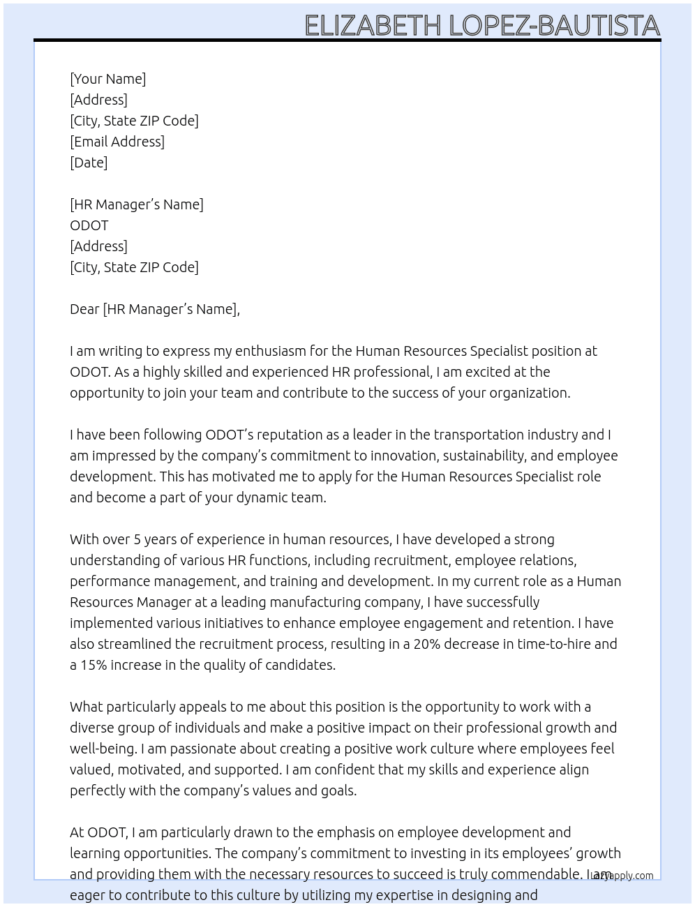 Human Resources Specialist At ODOT Cover Letter