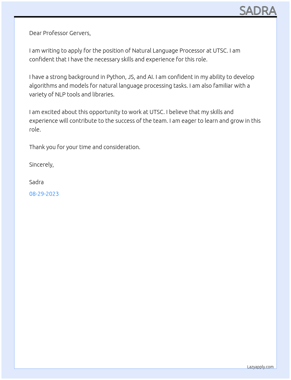 Natural Language Processor At UTSC Cover Letter